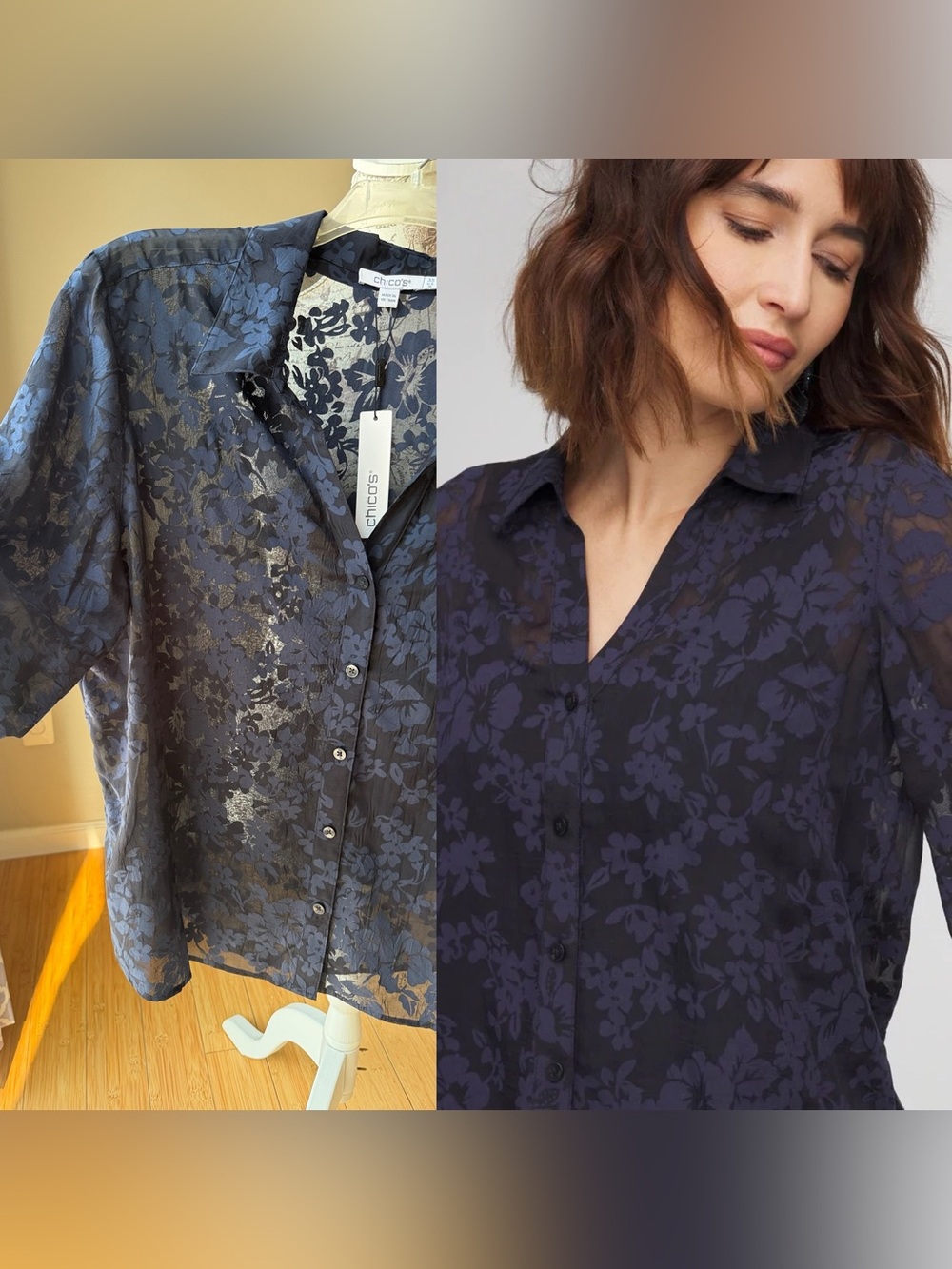 Chico's Floral Jacquard Blouse Navy Blue Semi Sheer Button-Down